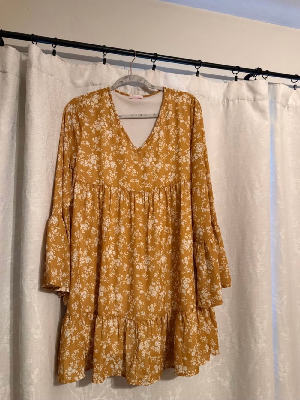 Pink Lily Mustard Yellow Floral Tiered V-Neck Dress